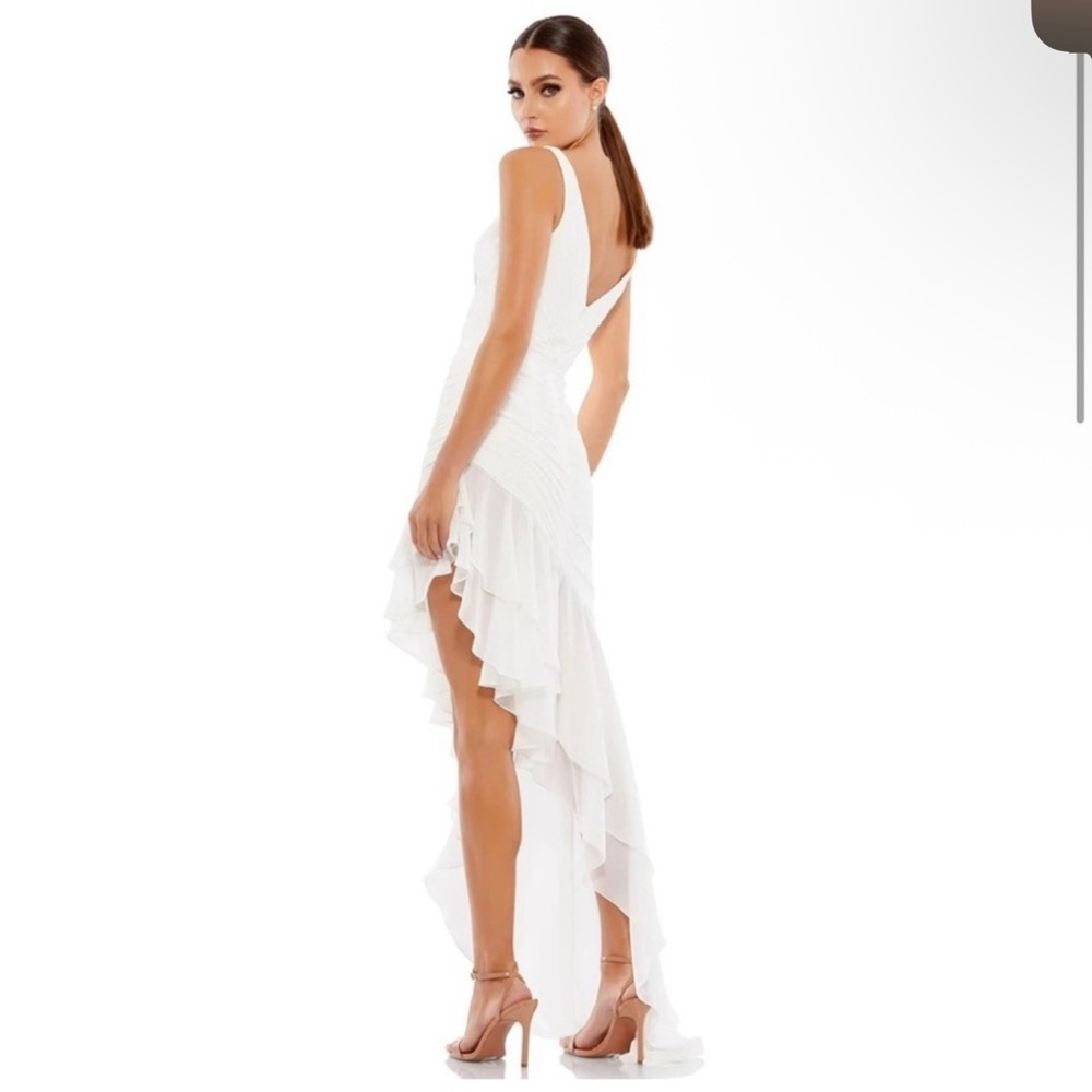 Mac Duggal White One-Shoulder High-Low Ruffle Dress